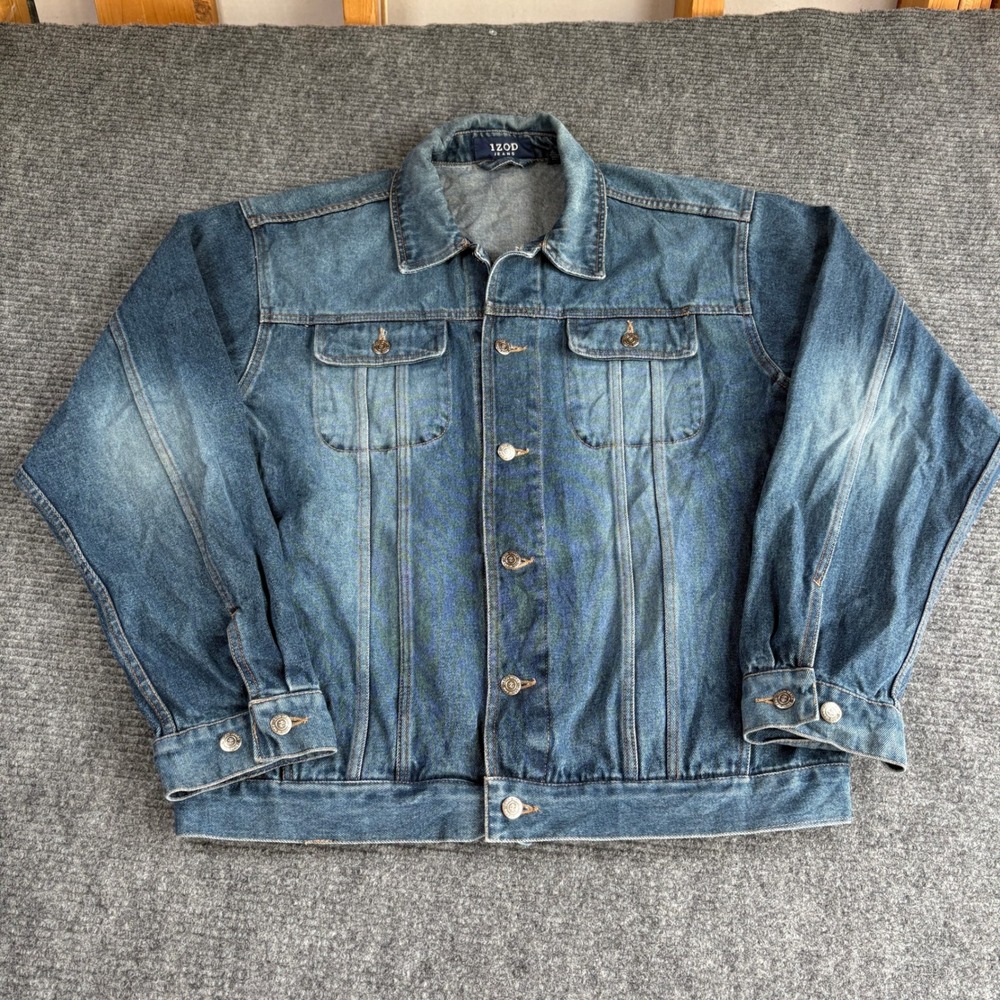 IZOD Jeans Mens Blue Denim Trucker Jacket Size L 100% Cotton Medium Wash 3688